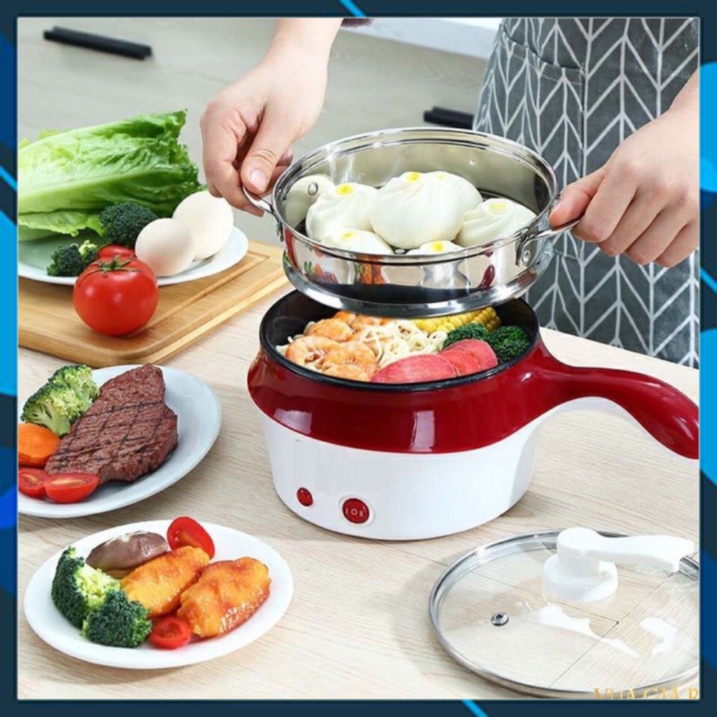 Ca nấu mỳ kêm nồi lẩu mini kèm khay hấp - Chiên xòa đa năng có tay cầm tiện dụng