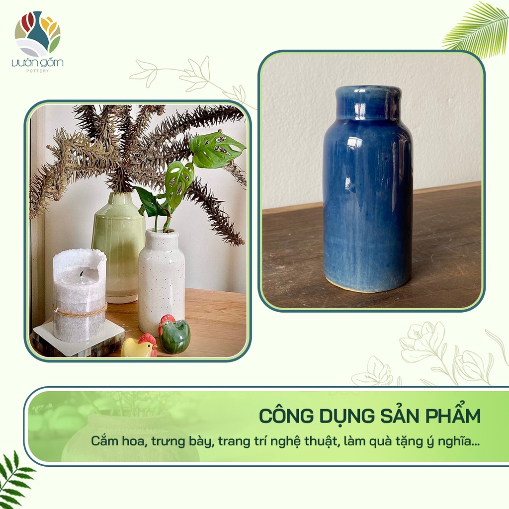 Bình hoa gốm xuất khẩu tráng men cổ nhỏ  decor trang trí Vườn Gốm - The Garden