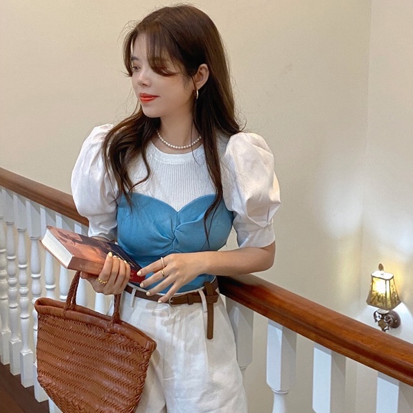 【Hana and Alice】Áo Thun Tay Ngắn Phồng Giả Hai Lớp Phong Cách Pháp Thời Trang Mùa Hè 2023 Mới Cho Nữ