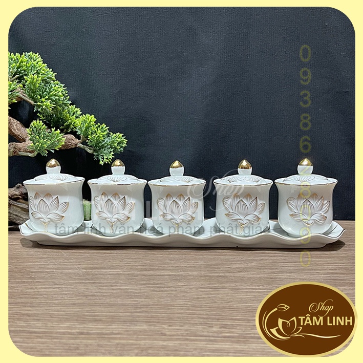 Bộ án 5 ly nước thờ cúng có nắp _ Sứ Bạch Ngọc Sen Nổi Cao Cấp - Loại 1
