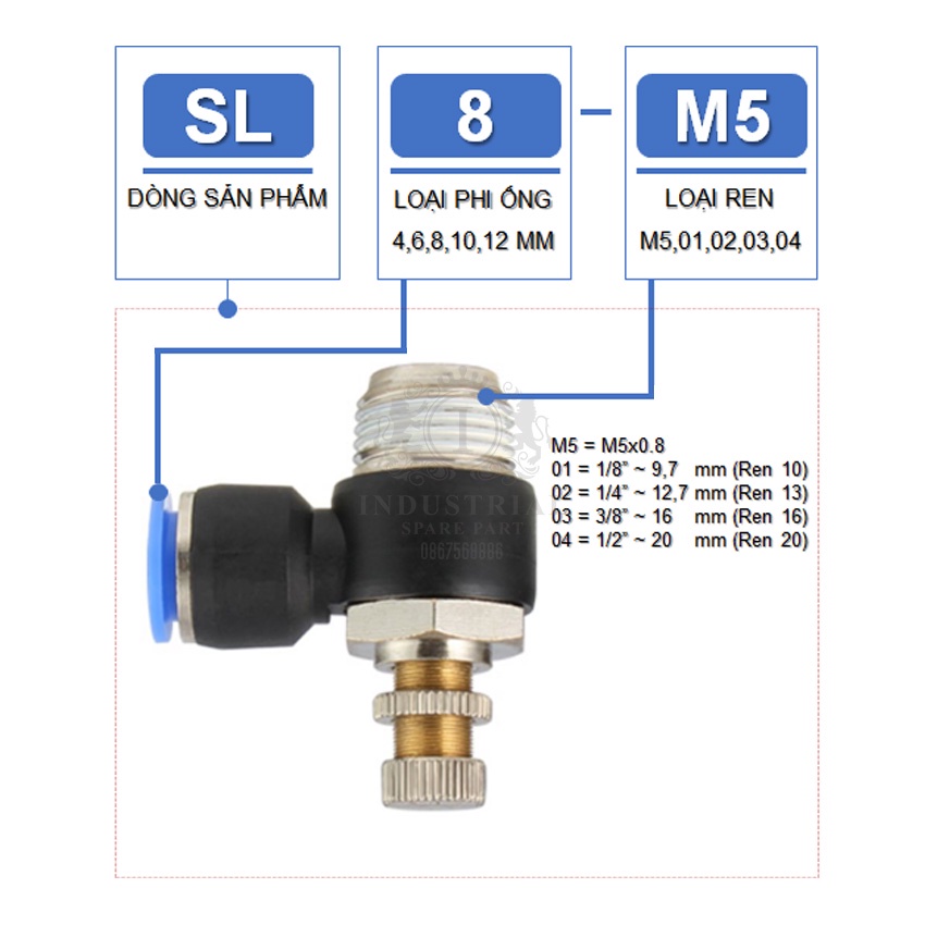Van tiết lưu một đầu ống, một đầu ren SL4 Series. Model: SL4-M5, SL4-01, SL4-02, SL4-03, SL4-04. Hàng mới 100%