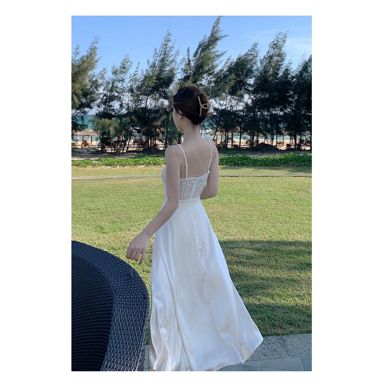 Đầm Hai Dây Vải satin Thêu Ren Phong Cách retro Pháp 2023 Mới