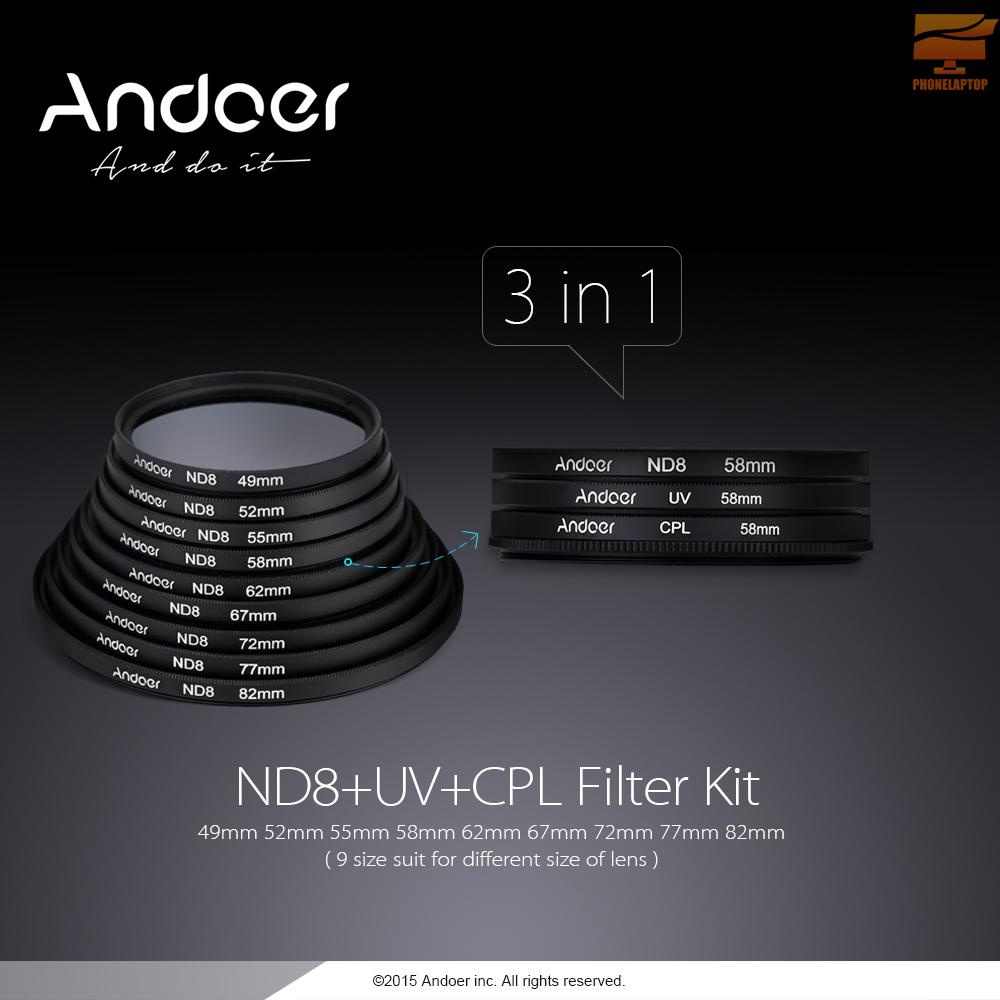 Bộ Lọc Ống Kính Máy Ảnh Andoer 67mm Uv + Cpl + Nd8 Nd8 Cho Nikon Canon Pentax Sony Dslr