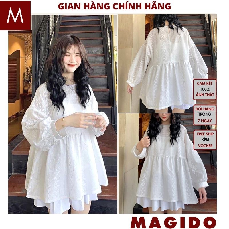 Áo babydoll trắng BÁNH BÈO 💚Áo sơ mi thô đũi tay bồng, dáng xòe vintage cực xinh phong cách ulzzang tiểu thư MAGIDO