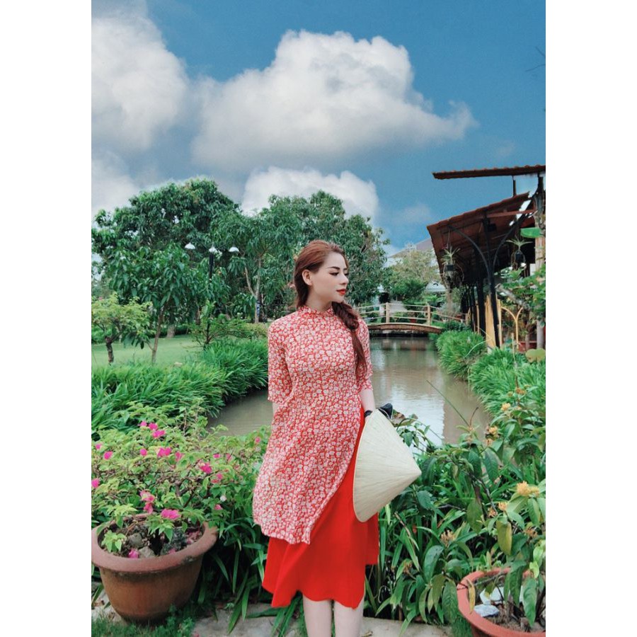 Áo dài cổ trụ hoa nhí  – MS2038AD