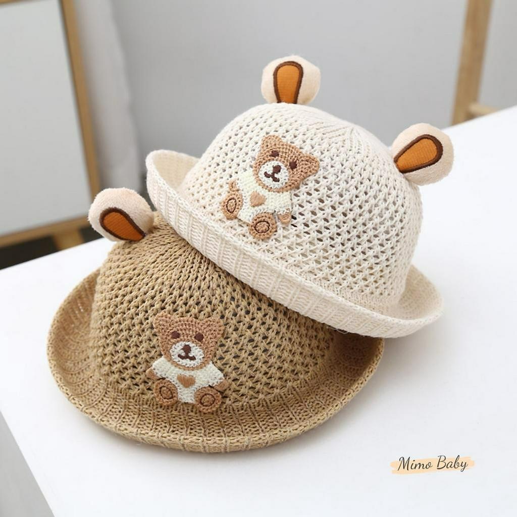 Mũ cói lưới vành cong GẤU NÂU, mũ cói tai gấu vành cong cho bé dưới 2 tuổi