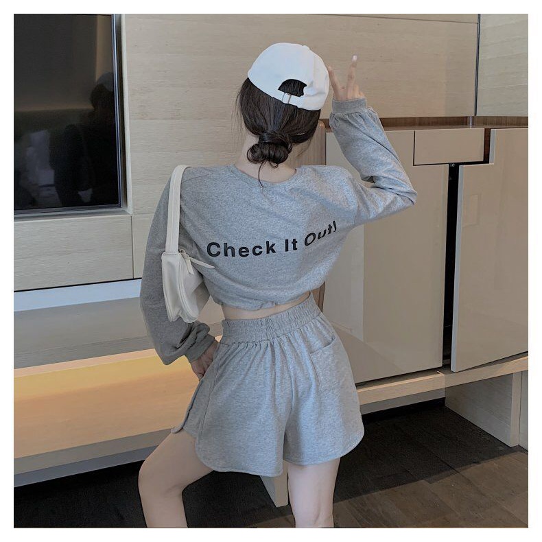 Set Áo Tay Dài Dây Rút Phối Quần Short Lưng Cao Ống Rộng Thời Trang Hong Kong Cá Tính Cho Nữ