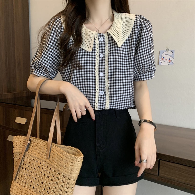 Áo Sơ Mi Tay Ngắn Dáng Rộng Cổ Búp Bê Kẻ Sọc Ca Rô Thiết Kế Mới Thời Trang Mùa Hè Cho Nữ