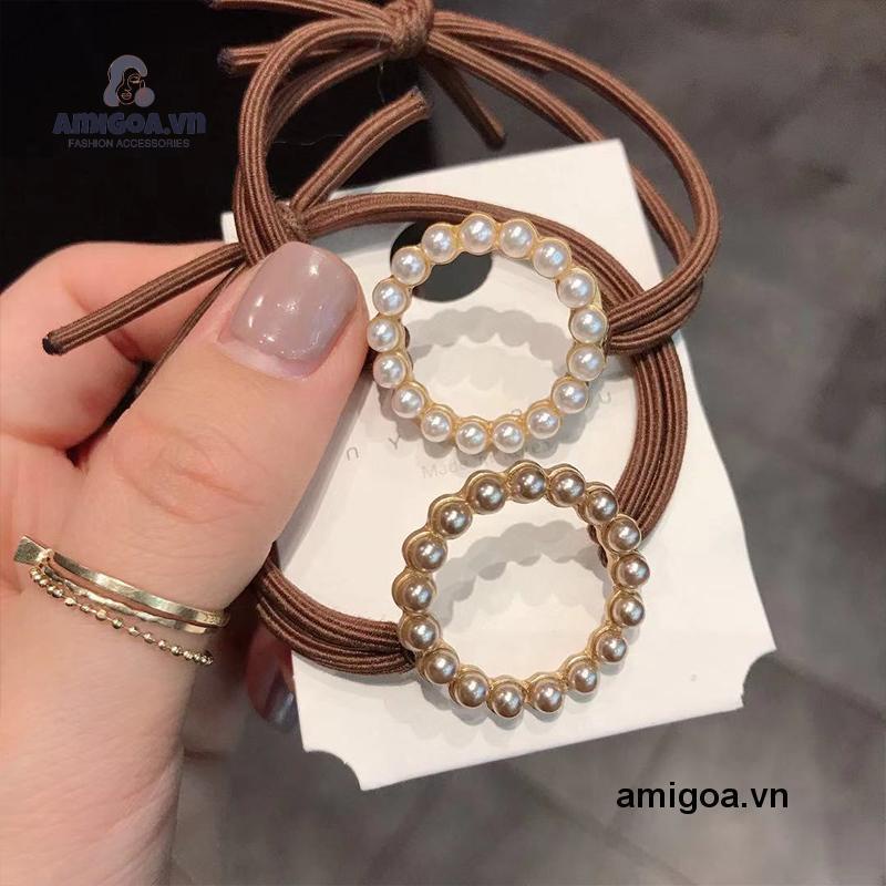 ✨✨Dây buộc tóc cao su đính ngọc trai hình trái tim phong cách Hàn Quốc