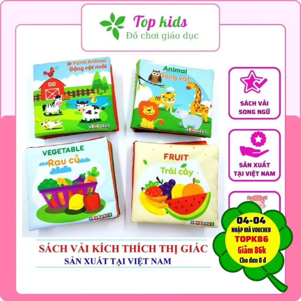 Sách vải cho bé sơ sinh kích thích thị giác đa giác quan học liệu montessori song ngữ đồ chơi thông minh cho trẻ TOPKIDS