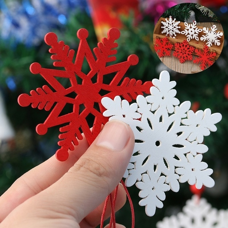 Set 6 Phụ Kiện Treo Trang Trí Cây Thông Noel Hình Bông Tuyết Bằng Gỗ