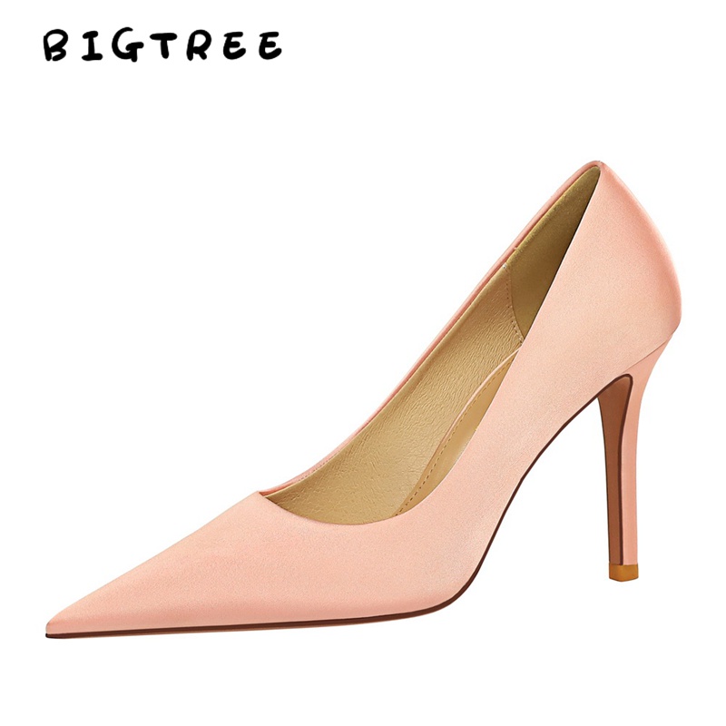 Giày cao gót BIGTREE 3391-6 10cm satin mũi nhọn phong cách Âu Mỹ thời trang quyến rũ dành cho nữ