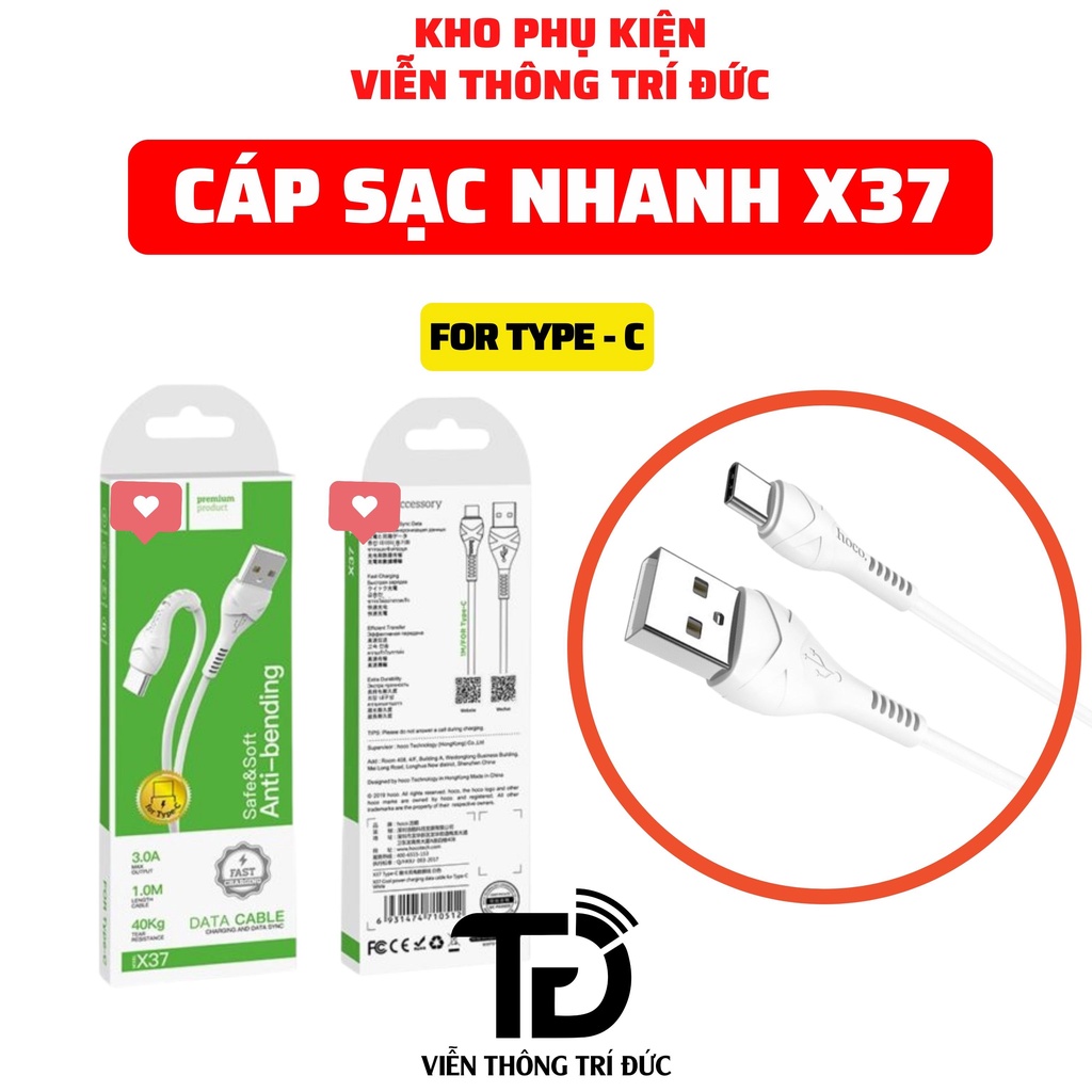 Cáp Sạc Nhanh X37 Chống Rối Sạc Full Dòng Smartphone - Dây Truyền Tải Dữ Liệu Dài 1M - Chính Hãng