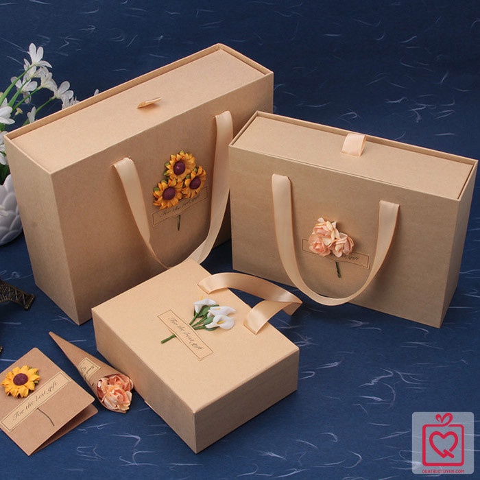 Hộp quà kraft kiểu túi xách combo kèm rơm lót và thiệp vintage - Hộp quà sinh nhật, kỷ niệm