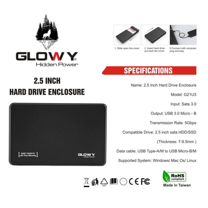 Box ổ cứng Gloway G22U3 dùng cho SSD/HDD 2,5&quot; - Nhựa ABS Đen – CHÍNH HÃNG – Bảo hành 12 tháng