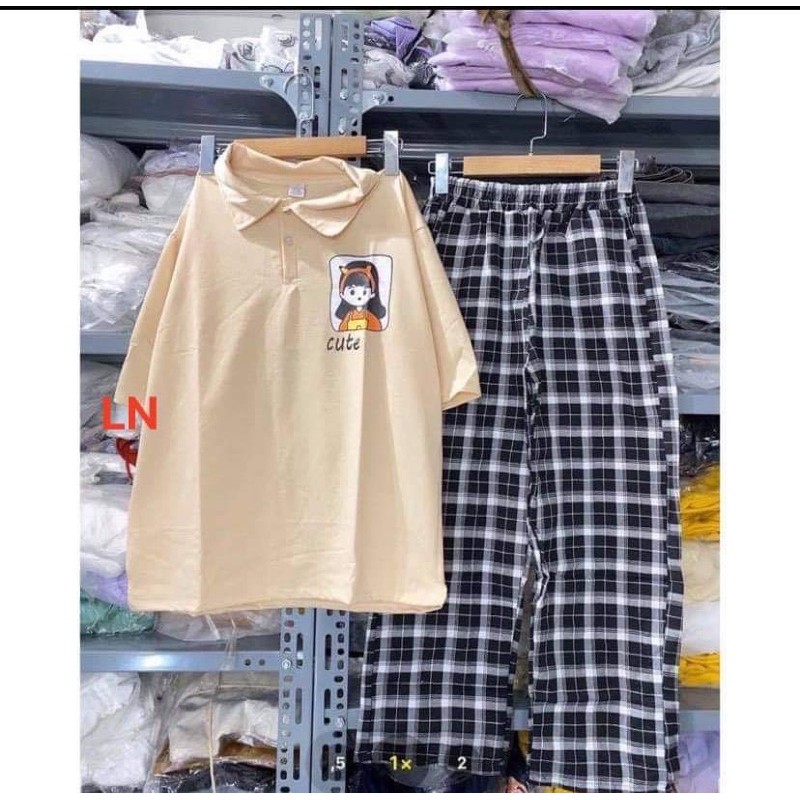 Sét áo polo cô gái cute+quần kẻ ô LN11