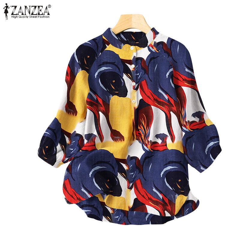 Áo kiểu ZANZEA cổ tròn tay 3/4 in hoạt hình vintage cho nữ