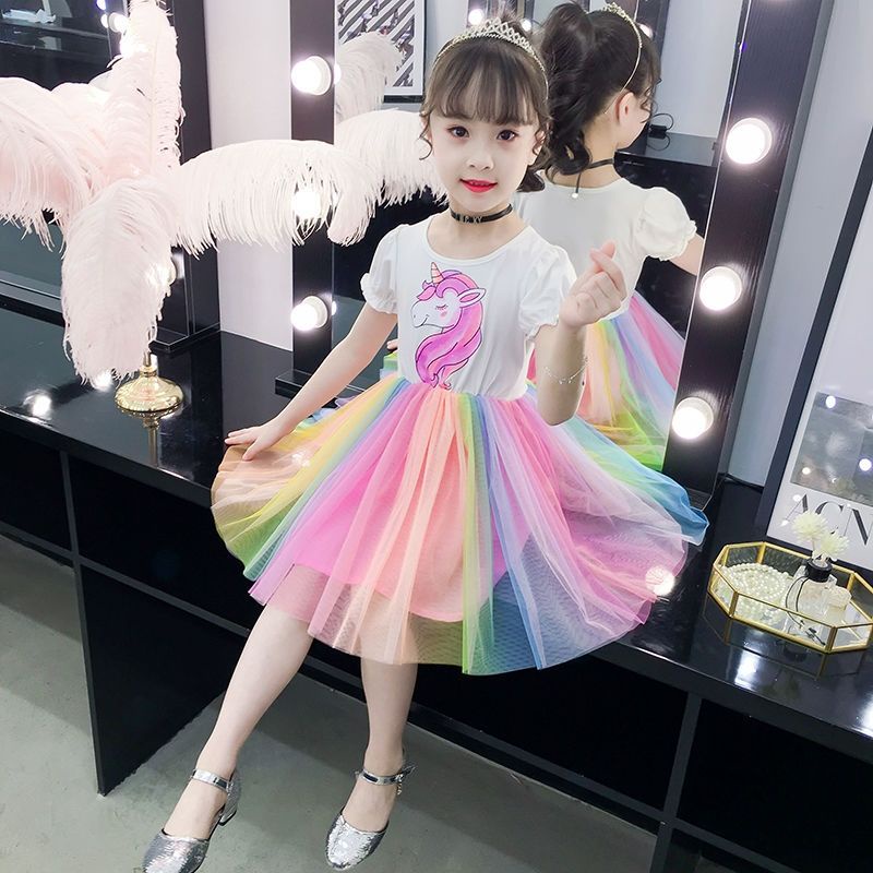 Váy cô gái váy cầu vồng mới cô gái nhỏ váy công chúa váy trẻ em