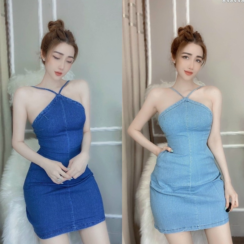 Đầm Body Yếm Jean Lụa Mềm Ôm Dáng Ngắn