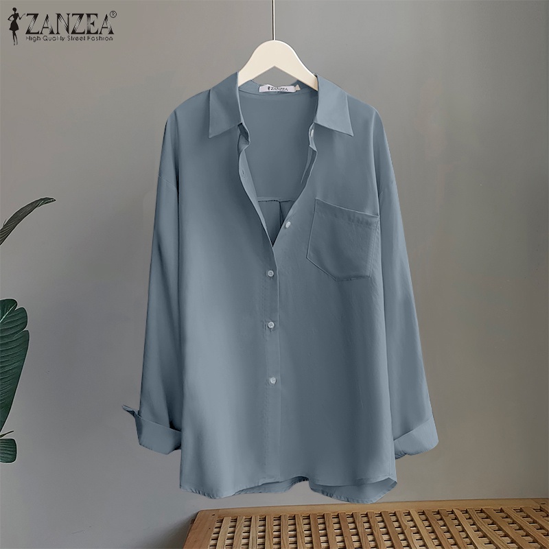 Zanzea Áo Sơ Mi Nữ Tay Dài Màu Trơn Có Túi Thời Trang