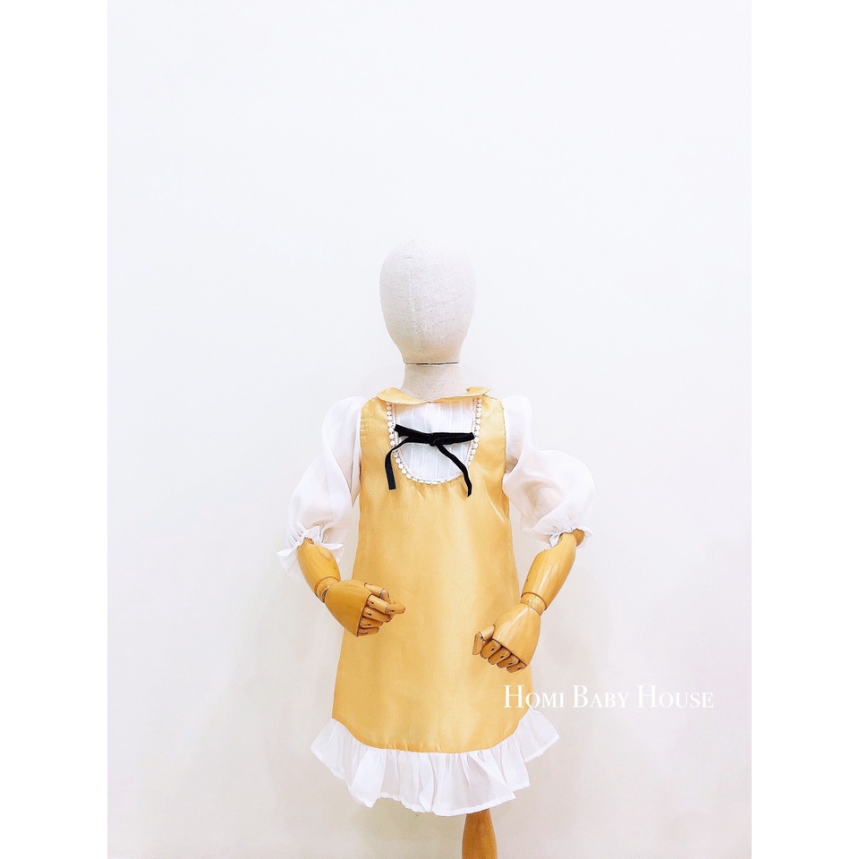 Đầm công chúa HOMI BABY HOUSE váy bé gái công chúa tay dài nơ đen màu hồng/vàng
