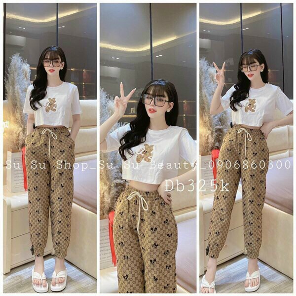 (FreeShip 2022) Bộ tole nữ dễ thương,bộ thun áo croptop in hình chuột phối quần sọc có túi,thiết kế trẻ trung cá tính
