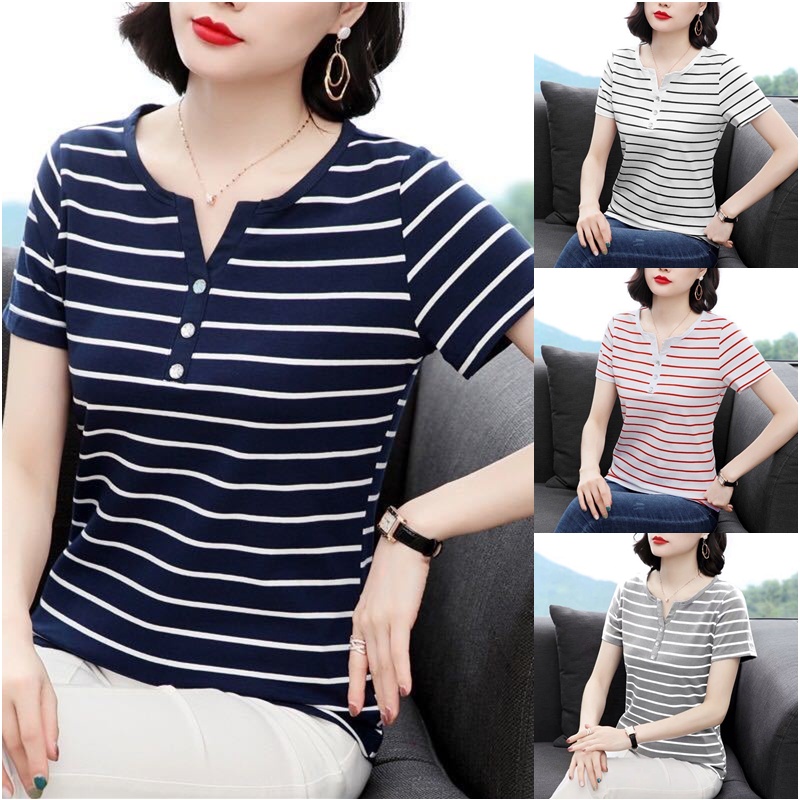 Áo thun tay dài cổ chữ V họa tiết kẻ sọc phối hàng nút plus size cho phụ nữ trung niên