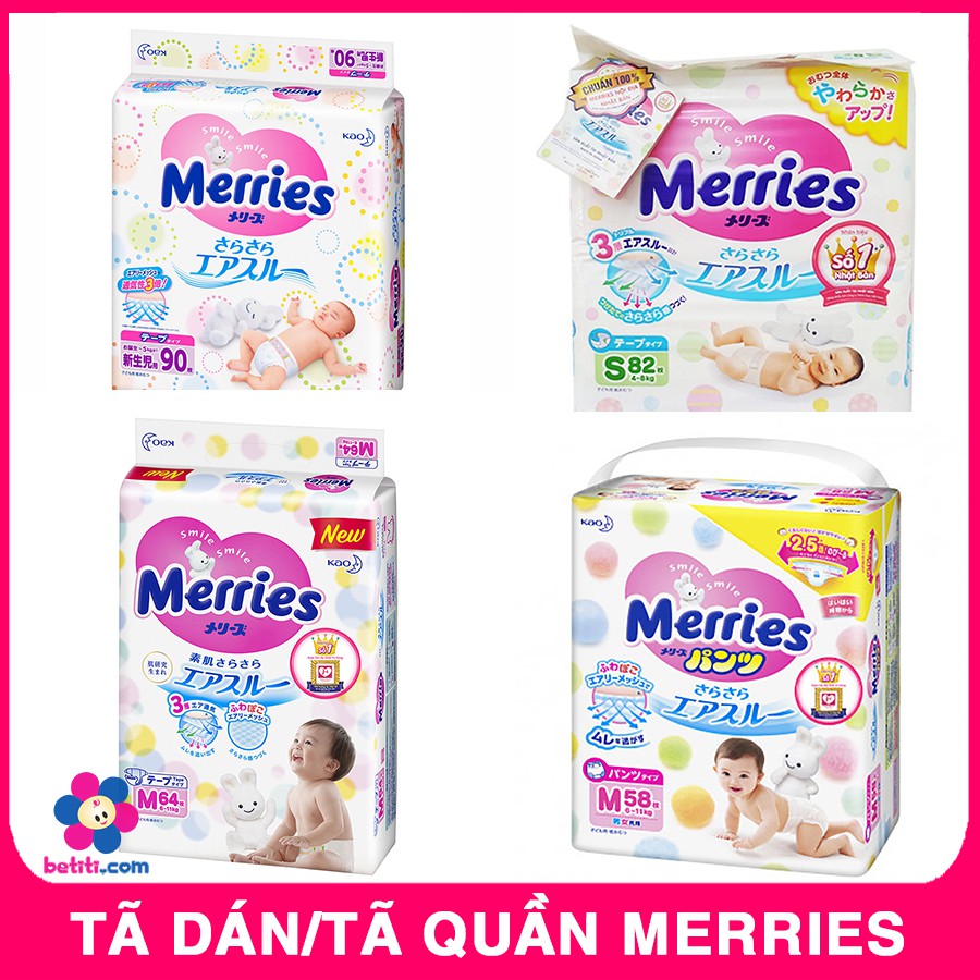 Bỉm/Tã Dán/ Tả Quần Merries Nhật Đủ Size NB90/ S80/ M64/ M58/ L44/XL38