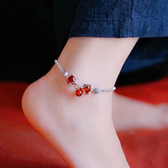 Lắc chân nữ bạc đẹp, lắc chân hồ ly đá đỏ trang sức bạc ta-Minh Thoa JEWELRY