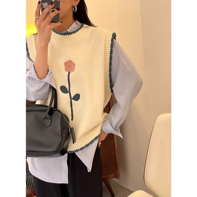 DUNEA Set Áo Sơ Mi Hoa Và Áo Len Không Tay Phong Cách Hàn Quốc Xinh Xắn Cho Nữ