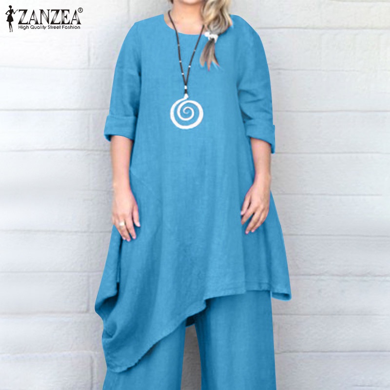 Zanzea Set 2 Món Áo Thun Ngắn Tay Cổ Tròn + Quần Dài Ống Rộng Thời Trang Nữ