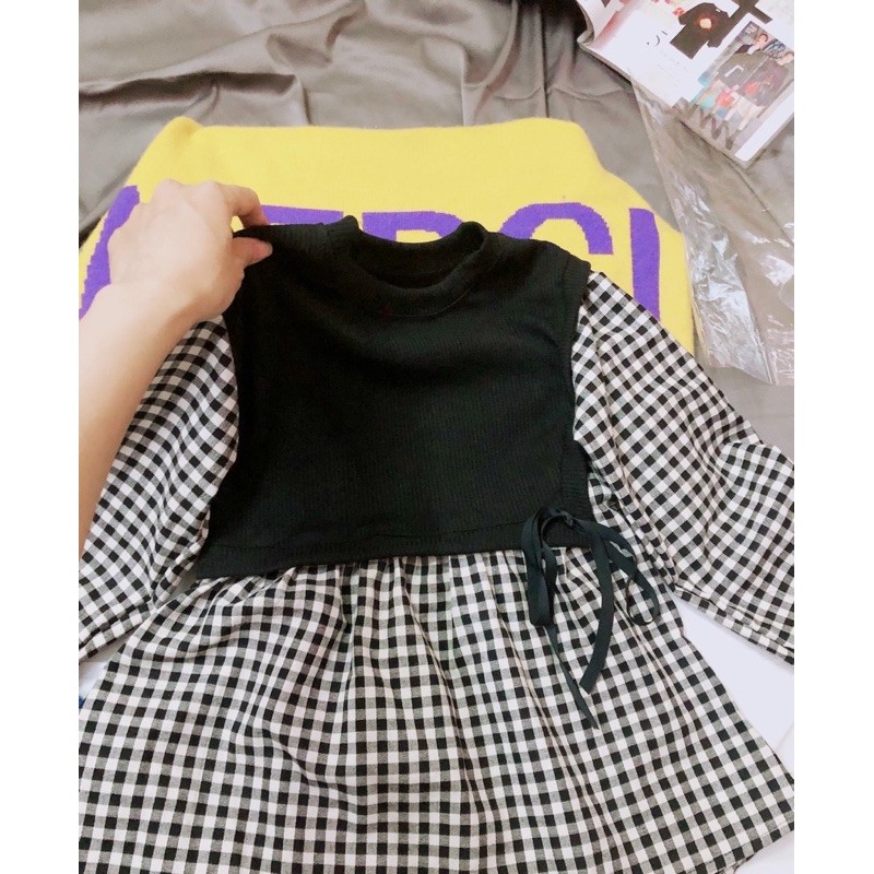Áo kiểu nữ babydoll phối màu caro