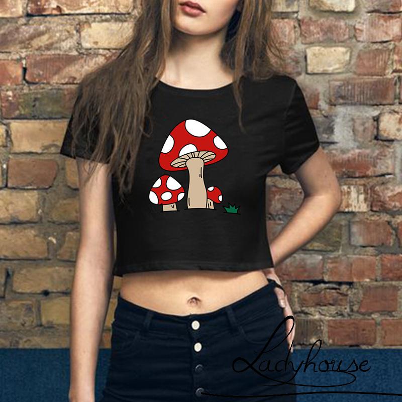 LD-Women Black Shirt, Round Neck Short Sleeves Mushroom Print Wrapped Casual Tops Elastic Sweater