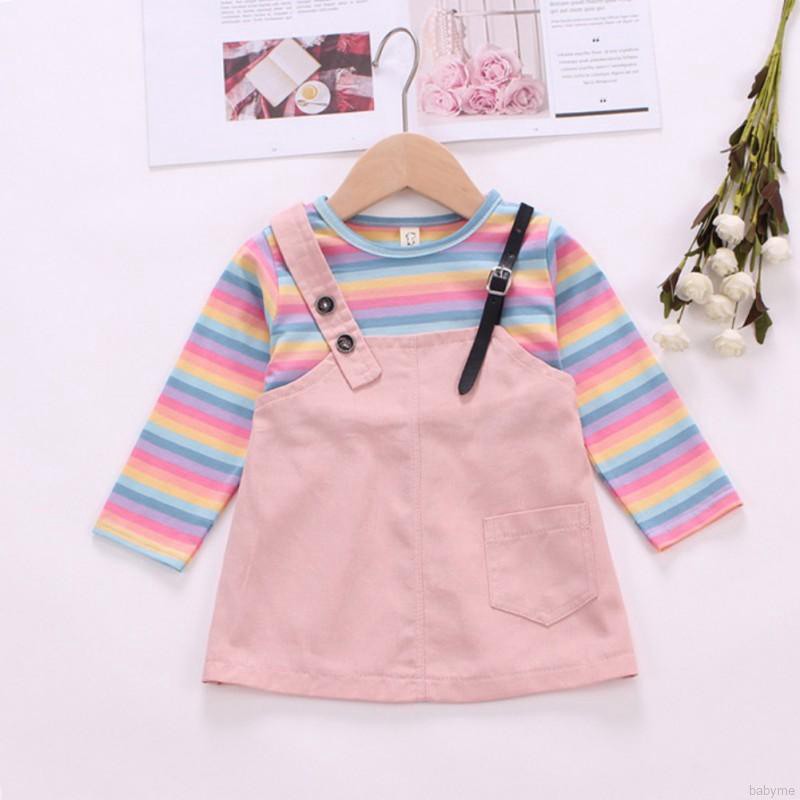 Babyme Autumn Baby Girls Rainbow Stripe Print Long Sleeve Fake 2 Piece Dress Kids Princess Dresses