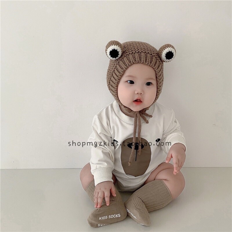 Mũ nón len hình chú ếch cho bé có lót nỉ ấm áp