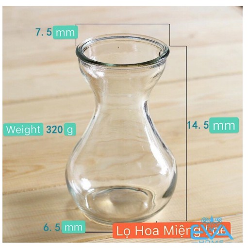 Lọ thủy tinh trang trí căm hoa miệng loe 7,5cm cao 14cm kèm dây đay..