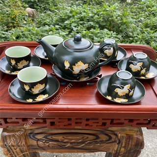 Bộ ấm trà sứ bát tràng khắc hoa sen màu rêu 300ml