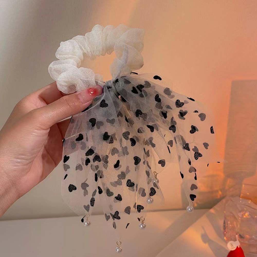 Dây Buộc Tóc Cao Su Co Giãn Bọc Lưới Đính Trái Tim Giá Đỡ