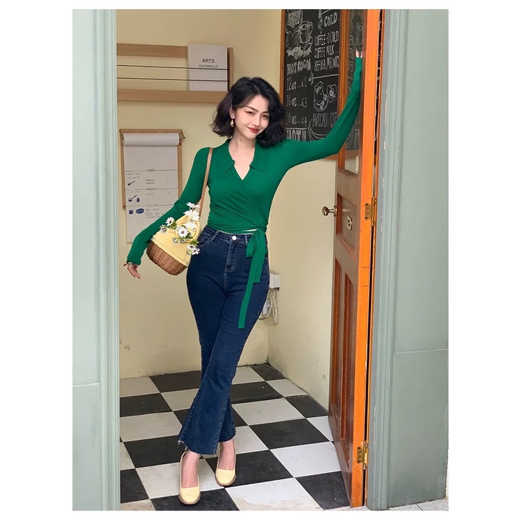 MS556 Áo kiểu len nữ cổ bẻ dài tay croptop buộc nơ eo PhuLinhShop
