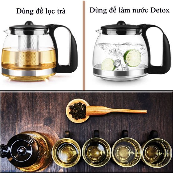 Bình lọc trà 𝑭𝑹𝑬𝑬𝑺𝑯𝑰𝑷 Bộ Bình Trà Thủy Tinh 4 Ly Lưới Lọc Inox 304 Tiện Dụng