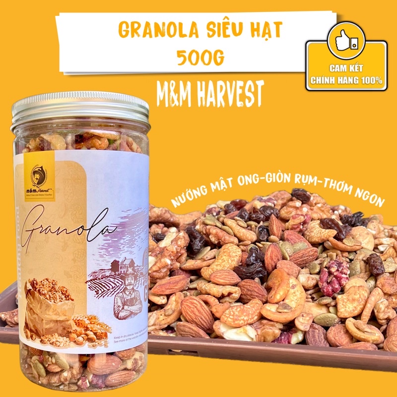 Ngũ cốc giảm cân, granola siêu hạt không yến mạch nướng mật ong rừng giòn rụm 100% không đường, m&m Harvest 500g