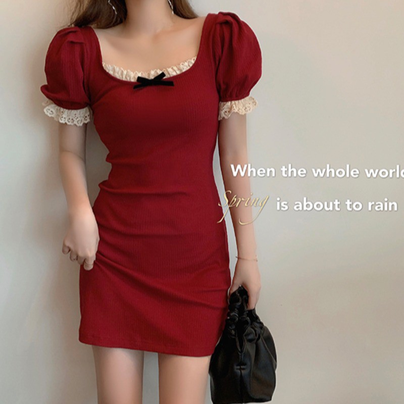(ORDER-sẵn váy S) Váy thun tăm cổ vuông phối ren đính nơ ôm body dáng ngắn style retro Hàn Quốc (HÀNG MỚI)