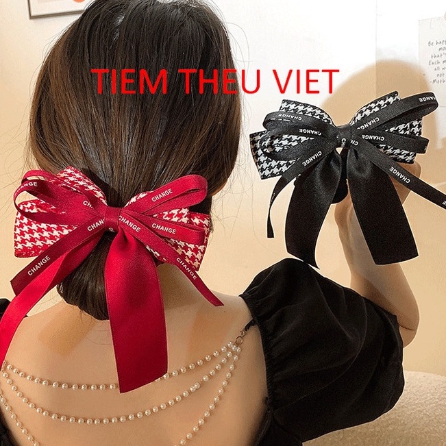 Kẹp Tóc Nơ Caro Đính Nơ In Chữ Tiệm Thêu Việt Phong Cách Tiểu Thư