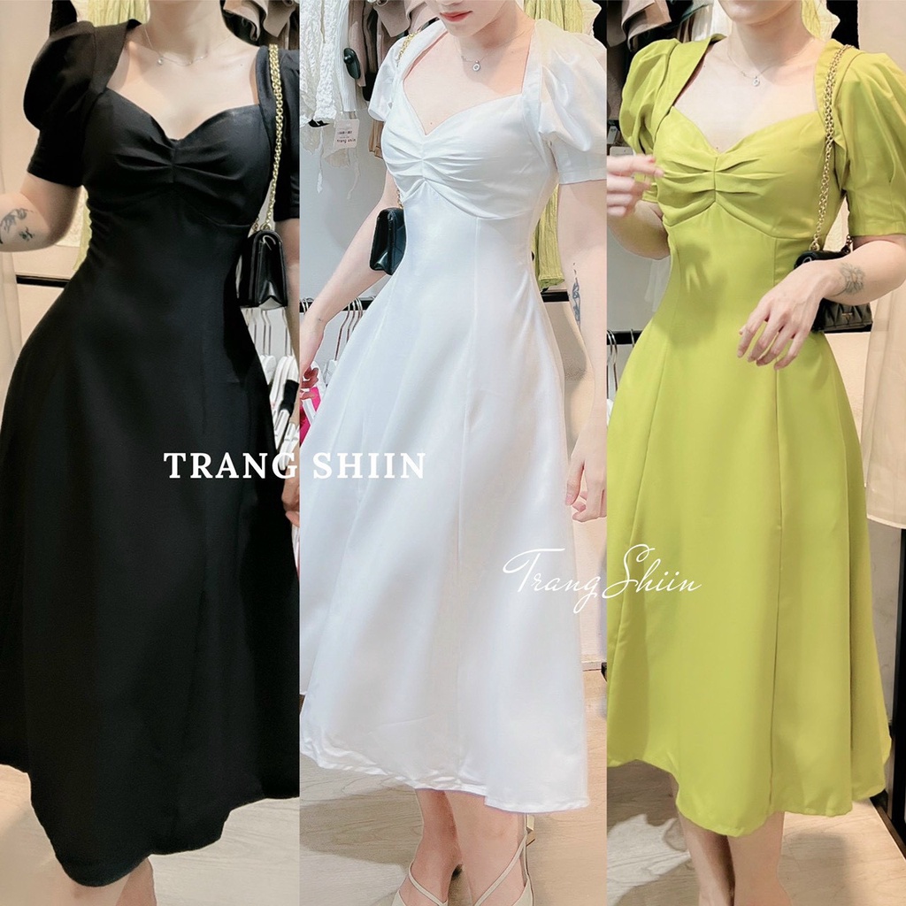 Đầm midi nhíu ngực tay phồng nhẹ nhàng,nữ tính