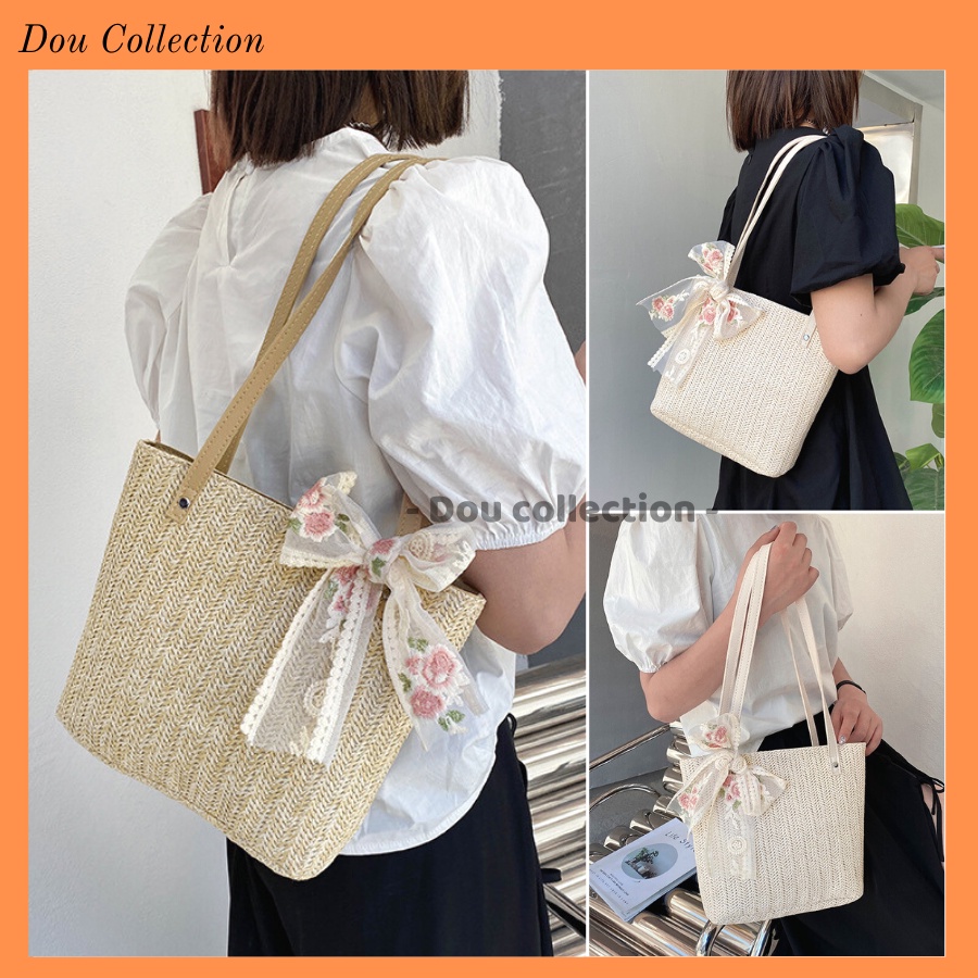 [NowShip2h] Túi Cói Kẹp Nách (Túi Xách Đeo Vai) Phối Dây Da &amp; Nơ Ren Hoa Thời Trang Đi Biển - Mã XT054