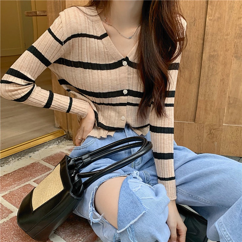 Áo Khoác Cardigan Dệt Kim Mềm Mại Tay Dài Cổ Chữ V Họa Tiết Kẻ Sọc Phong Cách Hàn Quốc Thời Trang Mùa Thu