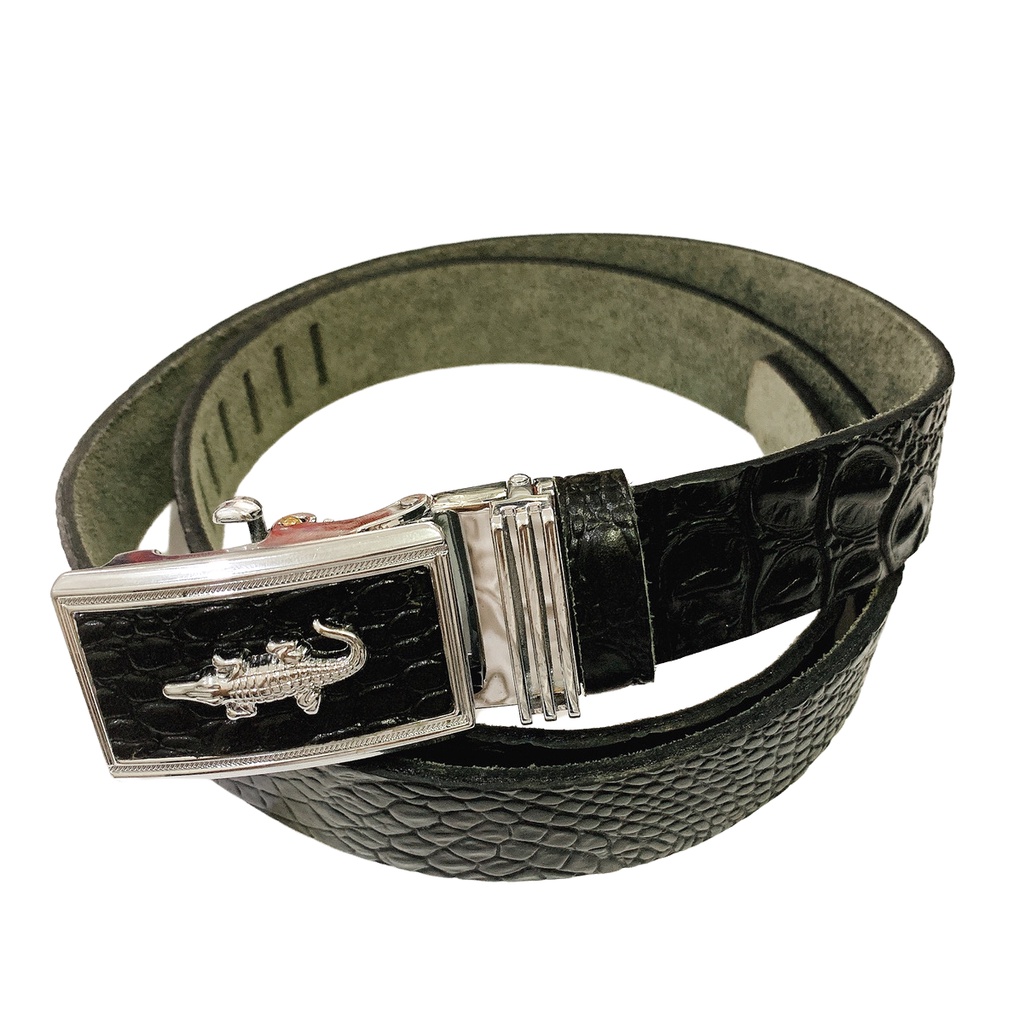 Thắt Lưng Nam Da Bò Nguyên Miếng 1 Lớp Màu ĐenDập Vân Cá Sấu Mặt Khóa Tự Động Màu Bạc