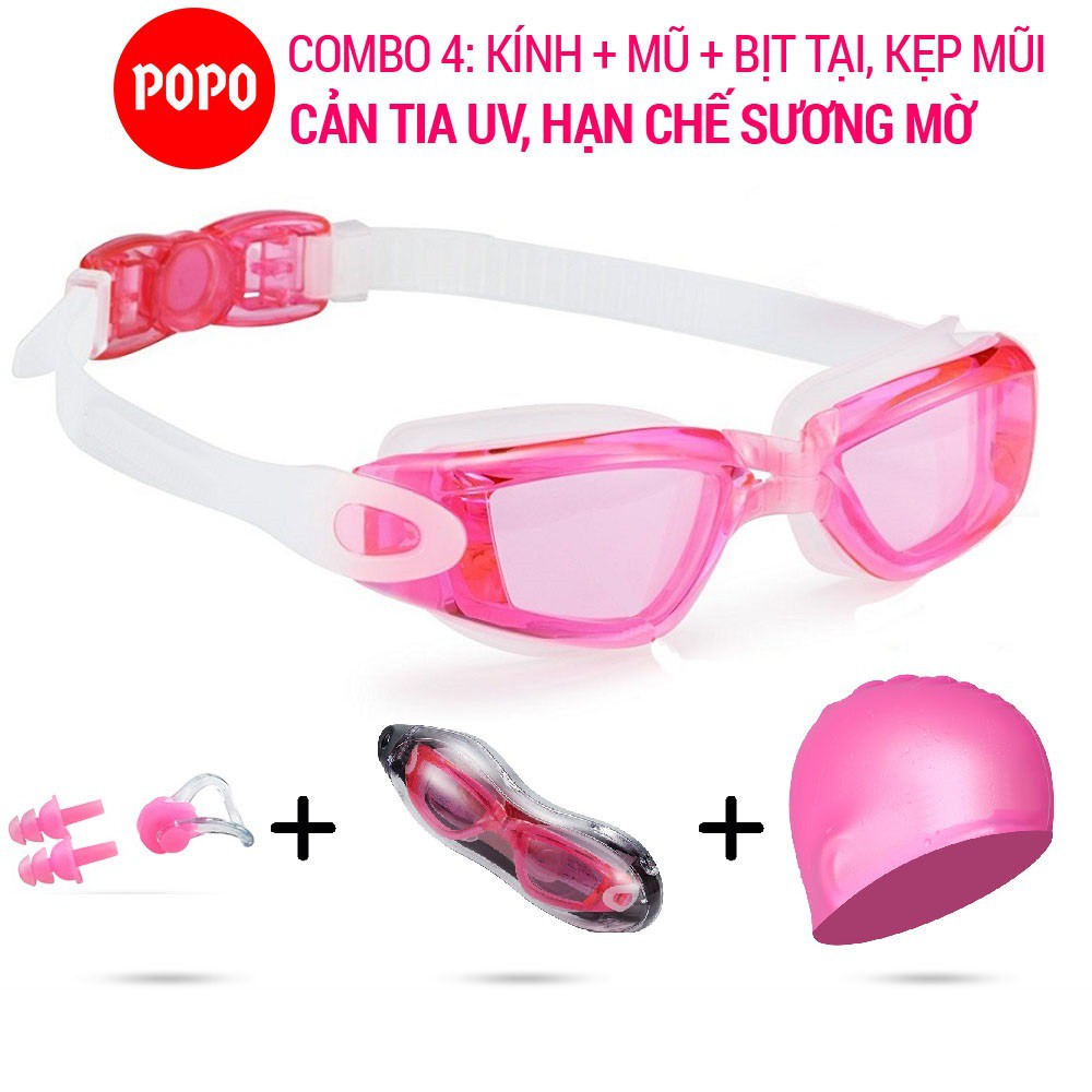 Kính bơi người lớn mắt trong có sẵn mũ bơi bịt tai kẹp mũi POPO2360 cản tia UV, hạn chế sương mờ