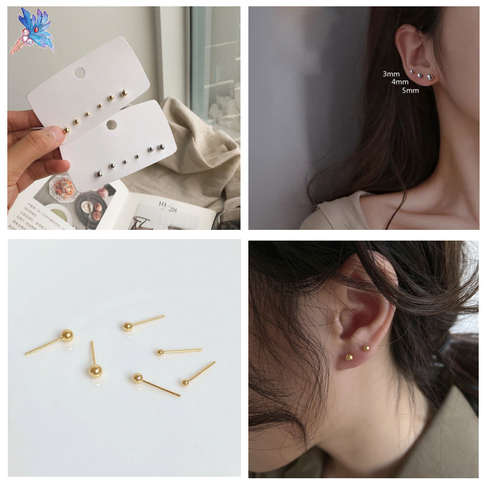Bộ Khuyên tai dạng xỏ kim bằng Bạc dạng Hạt Tròn Nhỏ Đơn Giản Quyến Rũ Tinh Tế Cho Quý Cô