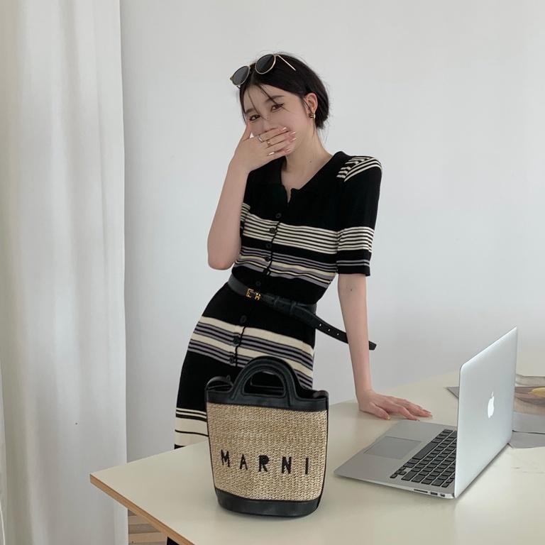 【Hana and Alice】Đầm Dệt Kim Cổ POLO Dáng Ôm Họa Tiết Kẻ Sọc Thời Trang Sang Trọng Cho Nữ
